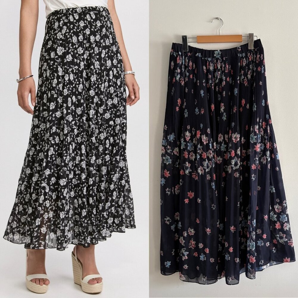 Club Monaco Vanelle Twirl Pleated Maxi Skirt Floral Print Navy Size 4